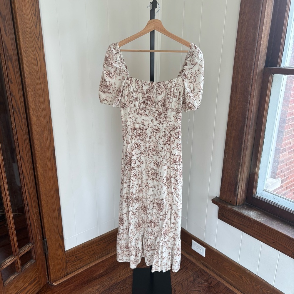 London Times Floral Milkmaid Midi Dress Linen Blend Women 6 Babydoll NWT Brown